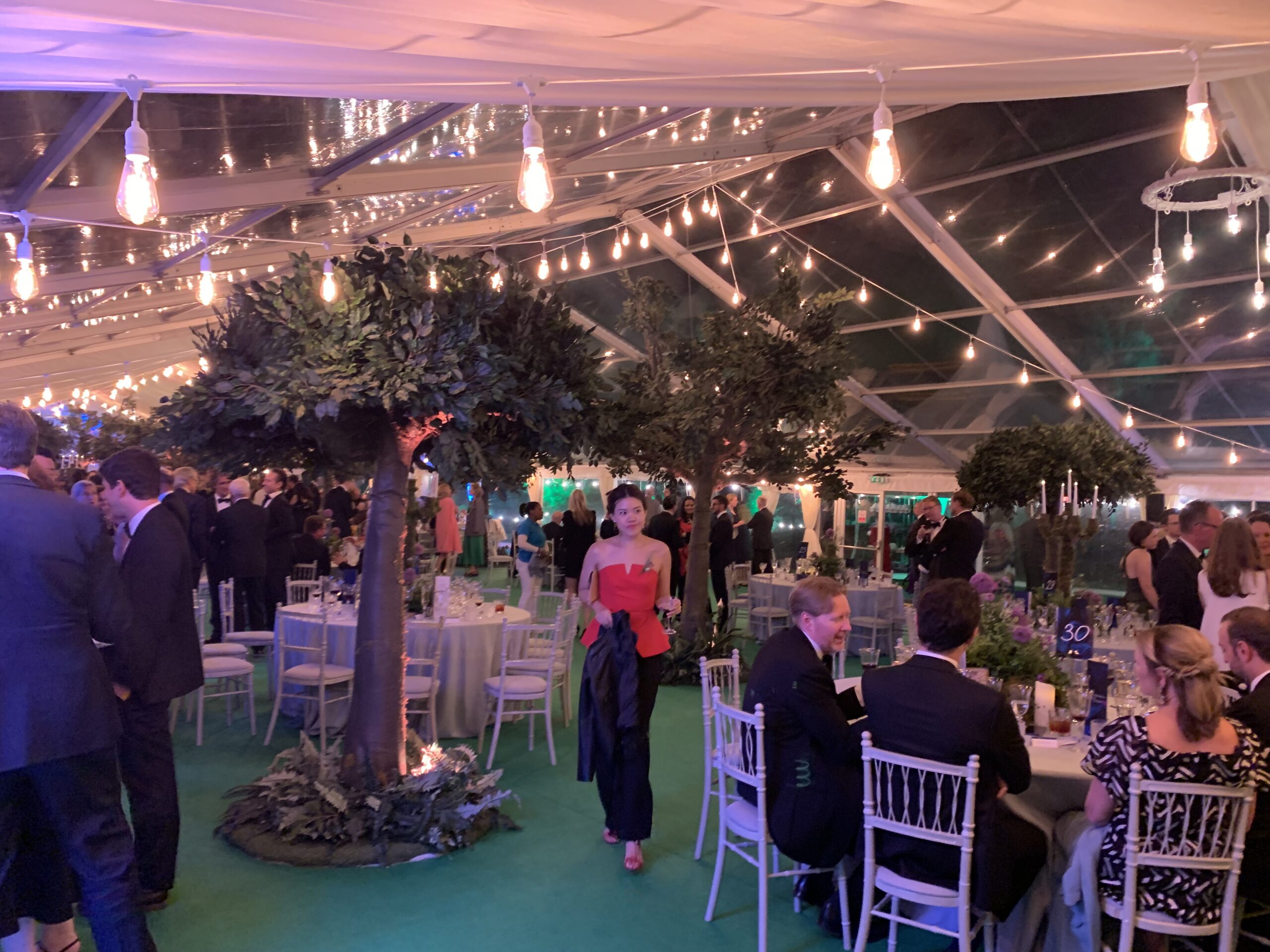 Elegant wedding reception inside a clear-span marquee with festoon lighting and seated guests