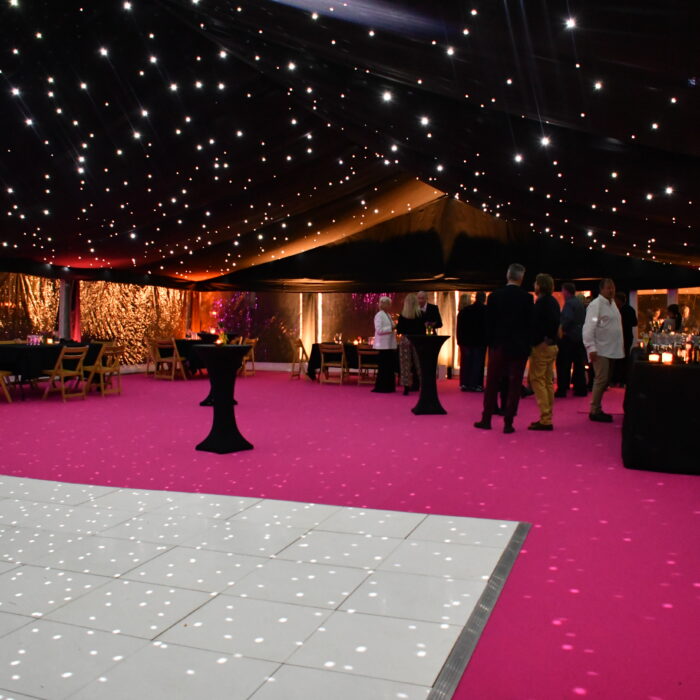 White dancefloor and black LED starcloth ceiling