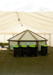 Interior of marquee with ivory linings and lighting