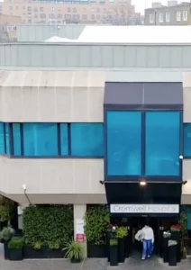 Hospital entrance with rooftop marquee visible