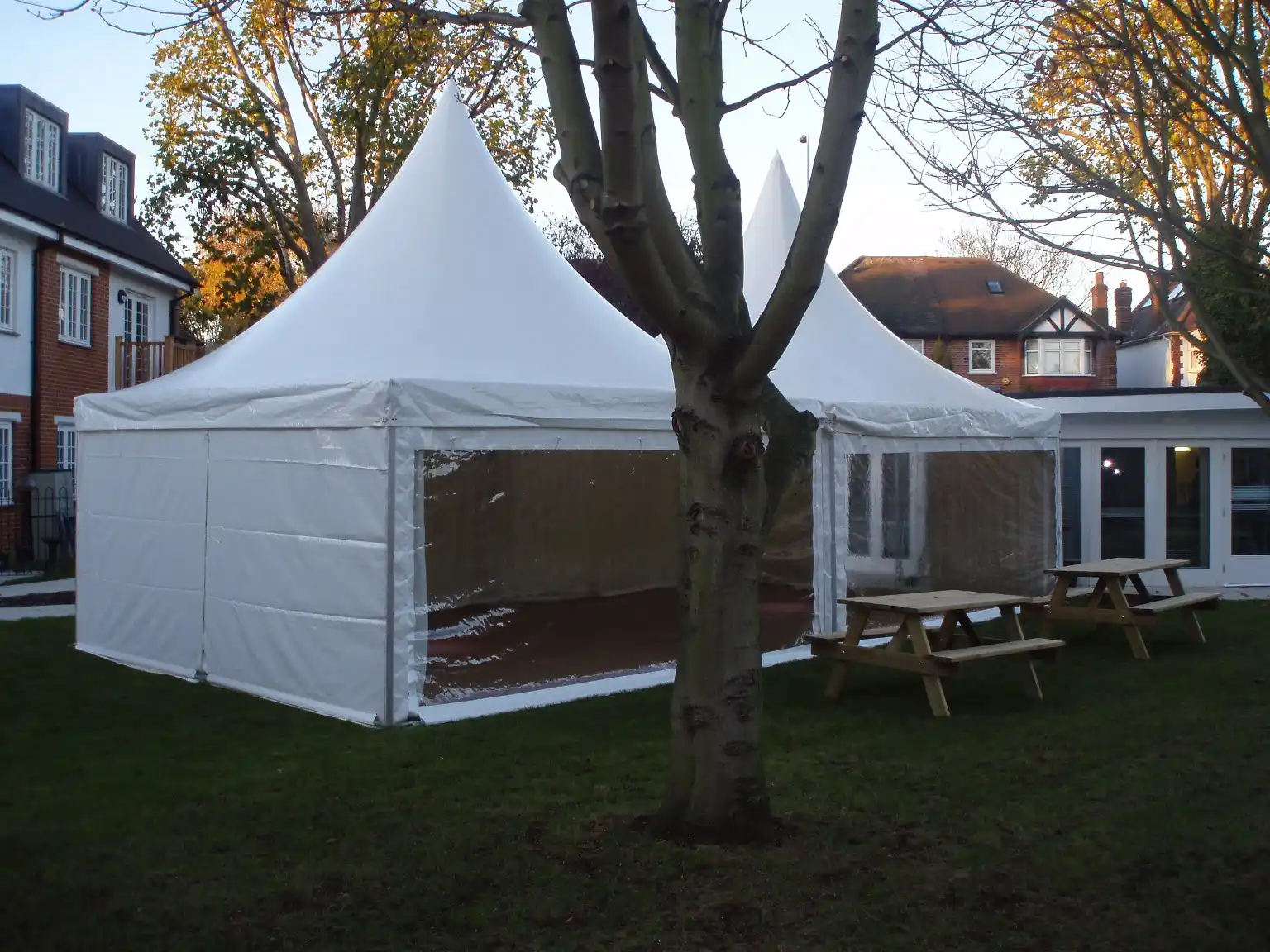 10mx5m Twin Peak Pagoda marquee hire in winter, set up in a residential garden in Hampshire