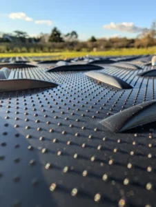 Close-up view of textured HDPE trackway panel showing raised grip pattern and studded surface used for temporary roadways and ground protection.