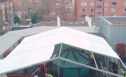 Rooftop marquee installed at Cromwell Hospital in London using ballast-weighted clear span structure