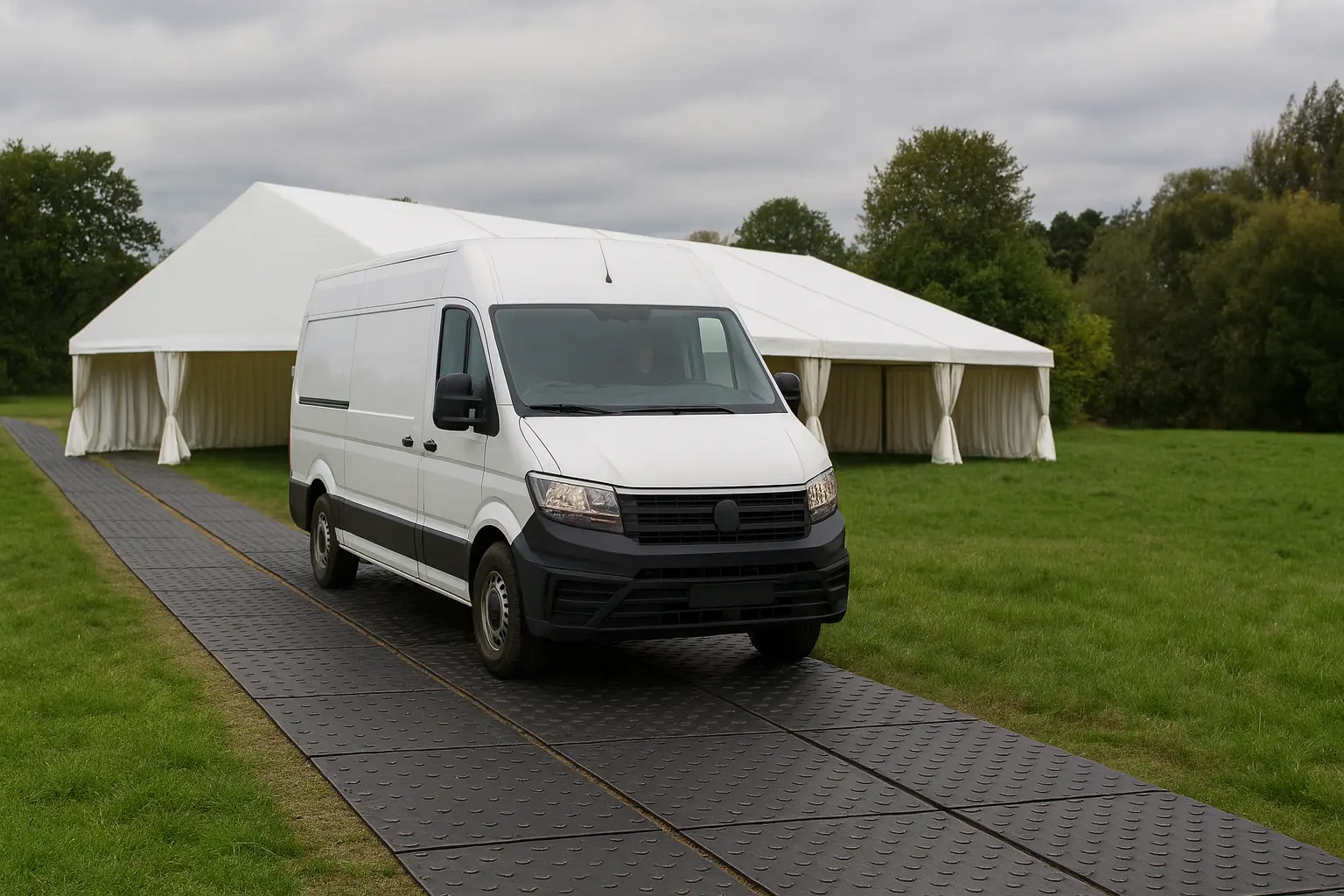 Temporary trackway providing vehicle access to marquee installation while protecting grassed landscape